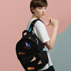 包邮 yizi 原创设计 几何系列 帆布印花马卡龙色双肩包 学生背包