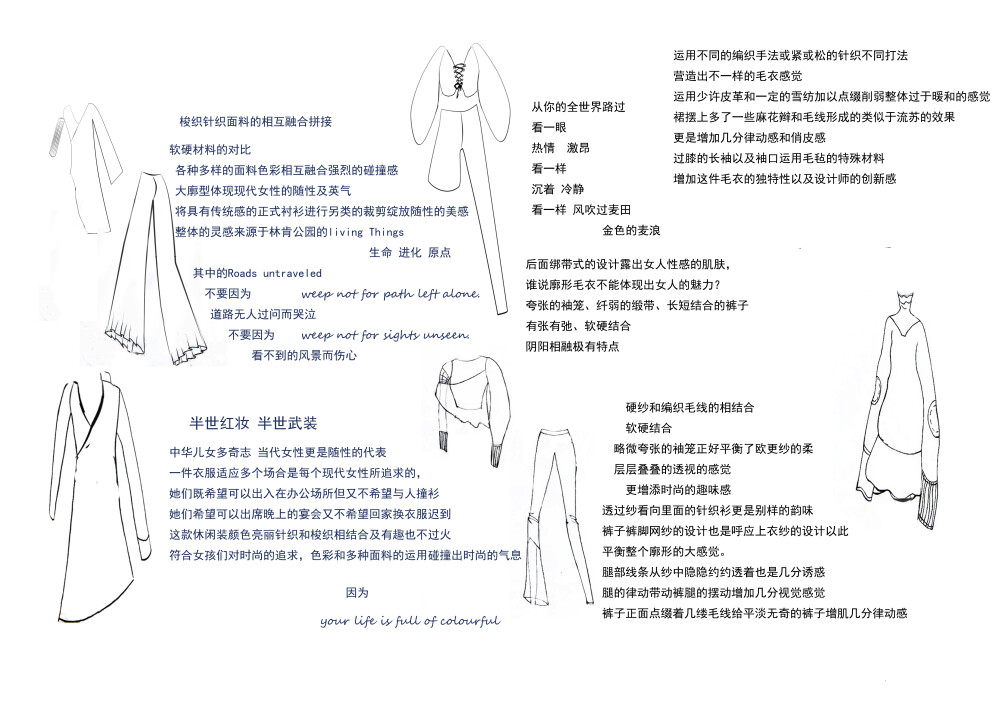 整体灵感源于林肯公园的living Things 生命 进化 原点——其中的Roads untraveled。“不要因道路无人过问而哭泣 不要因看不到的风景而伤心weep not for path left alone.weep not for sights unseen.”那些人生道路上的种种，那些或色彩斑斓，或丰富多彩的东西都是人们的财富。没有人不是平凡的，也没有人一直平凡。所以选择红、黄、蓝三种亮丽的颜色以蓝作为主元素加以红黄橙作为点缀使整个画面充满了生气。以各种面料的碰撞融合各种针法的相交编织，或细或粗的毛线，或大或小的针织图案，或长或短的款式搭配，或透或厚的质地材料等等的相互搭配，从