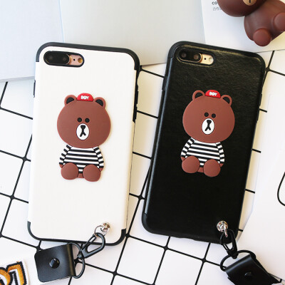 立体条纹熊iPhone7P手机壳硅胶皮质苹果66PLUS保护套挂绳可爱女