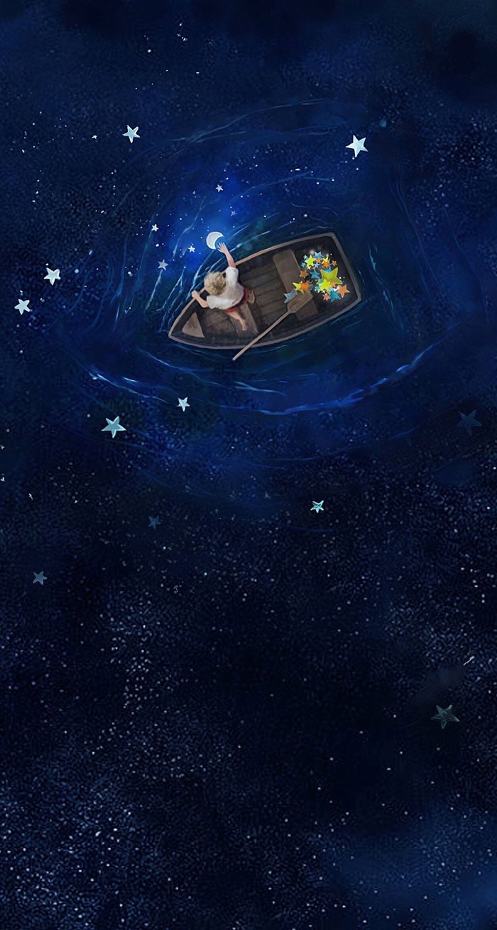 星空下的湖水男孩划舟船采月亮星星