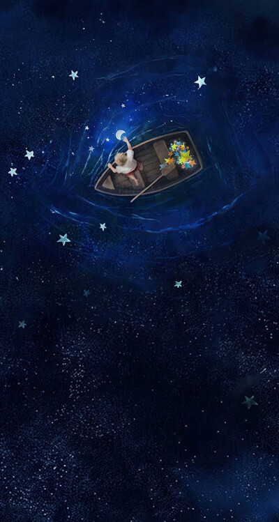 星空下的湖水男孩划舟船采月亮星星