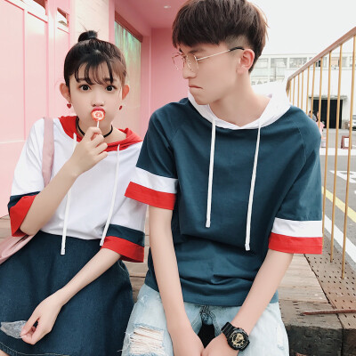艾蓓家夏季qlz学生夏装情侣装潮韩版撞色宽松连帽五分袖情侣t恤女