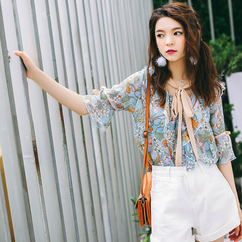 韩版印花短袖时尚薄款雪纺衫衬衣夏季甜美小清新短款女装上衣