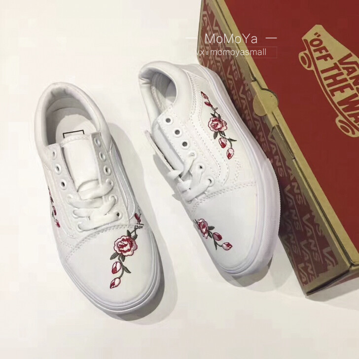 Vans OLD SKOOL手工刺绣定制玫瑰刺绣款经典白色帆布鞋