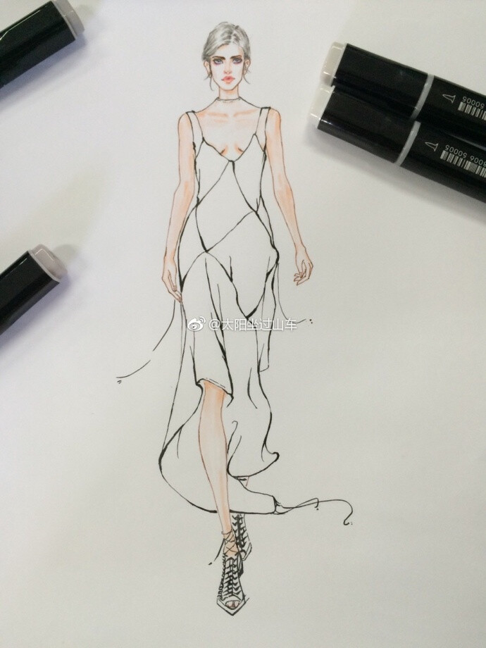 第一次尝试马克笔，以为自己会画得很糟糕，毕竟马克笔画了就改不了了。虽然部分地方上色有点凌乱，线条不够流畅，但是成品也没想象中糟糕@服装设计手稿123 @服装设计手绘稿 @服装设计时装画手稿 @服装设计学习 @丁香-NINA ​​​​