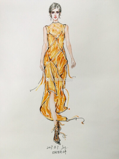 第一次尝试马克笔，以为自己会画得很糟糕，毕竟马克笔画了就改不了了。虽然部分地方上色有点凌乱，线条不够流畅，但是成品也没想象中糟糕@服装设计手稿123 @服装设计手绘稿 @服装设计时装画手稿 @服装设计学习 @丁香…