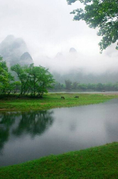 水曲舟行缓，流云醉梦溪。 寻花孤绕远，翠野缀添姿。 雾霭群山隐，唯留静影凄。 人行千里外，睹物起相思。