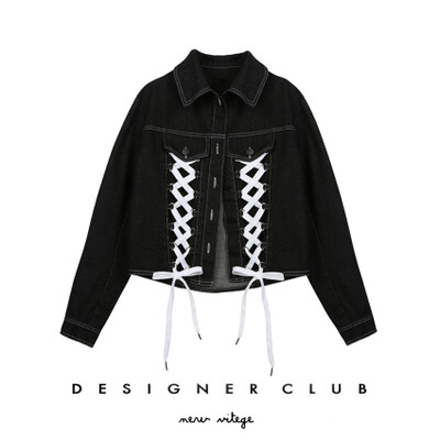 Designer club / 自制17春季新品撞色织带交叉系带短款牛仔外套女