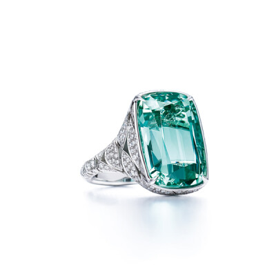 蒂芙尼2016 Blue Book“幻变之韵”高级珠宝系列铂金镶嵌17.16克拉枕形切割绿色碧玺和钻石戒指