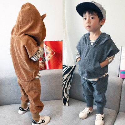 2017秋冬新款 INS童装 灯芯绒熊耳朵卡通可爱配条纹T三件套