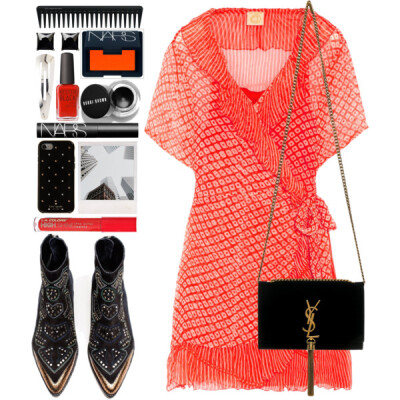 A fashion look from August 2017 featuring print dress, leather ankle boots and yves saint laurent handbags. Browse and shop related looks.