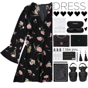 A fashion look from August 2017 featuring floral print dress, black shoes and man bag. Browse and shop related looks.