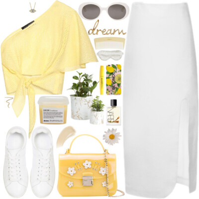 A fashion look from August 2017 featuring yellow crop top, Jacquemus and laced up shoes. Browse and shop related looks.