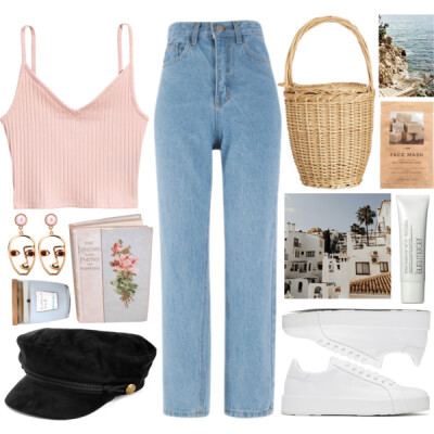 A fashion look from August 2017 featuring v-neck shirt, straight leg jeans and white sneakers. Browse and shop related looks.