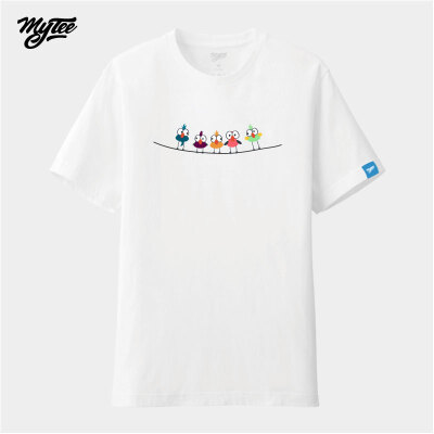 定制 Mytee02白色圆领短袖T恤秋季上新一排小鸟卡通图案印花可定图案