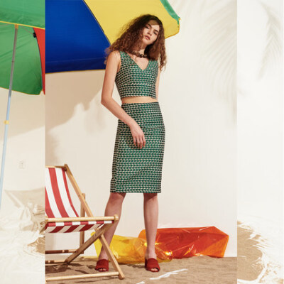 FRONTROWSHOP复古直筒半身裙 几何圆点提花铅笔裙