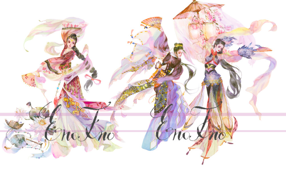 古风水彩美人扇舞绘师enofno