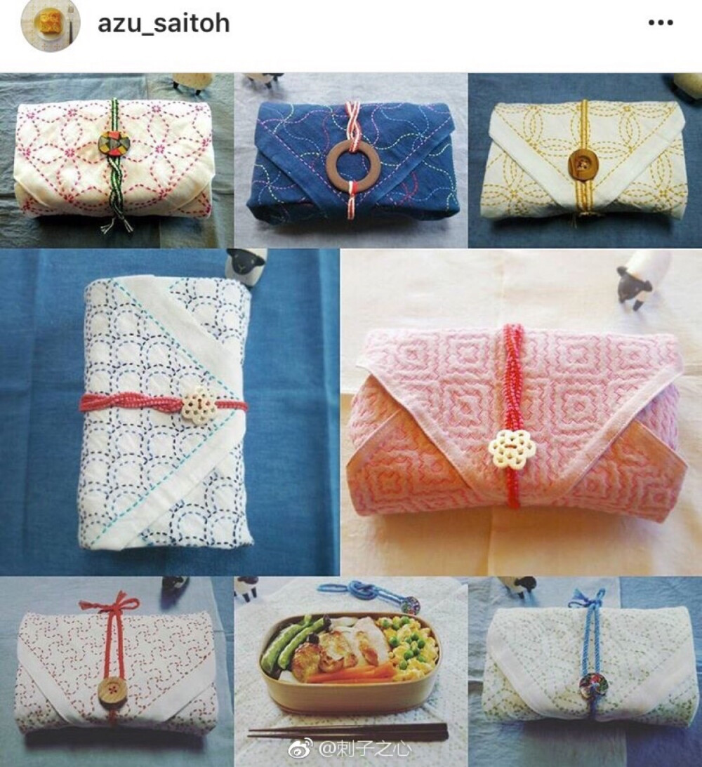 #刺子绣##sashiko # 布巾加了绑带就成了便当盒裹布，温暖啊。图片引用来自于instagram Azu_Saitoh ​​​