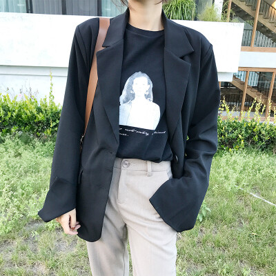 小西装外套女中长款2017新款韩版休闲黑色西服宽松显瘦chic外套秋