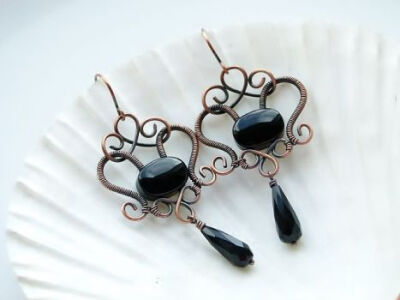 Copper earrings with bead and faceted drop of onyx by SilverDeFactory