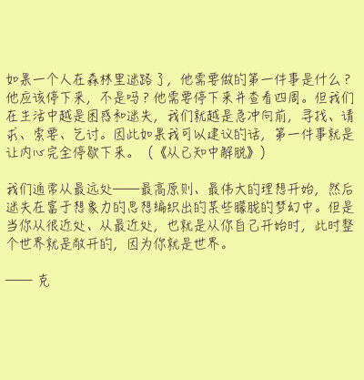 如果一个人在森林里迷路了，他需要做的第一件事是什么？他应该停下来，不是吗？他需要停下来并查看四周。但我们在生活中越是困惑和迷失，我们就越是急冲向前，寻找、请求、索要、乞讨。因此如果我可以建议的话，第一…