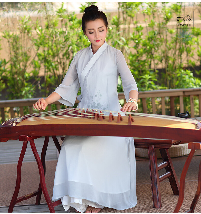 文艺复古系带汉服仙女裙双层大摆手绘连衣长裙禅意茶服女装裙子夏