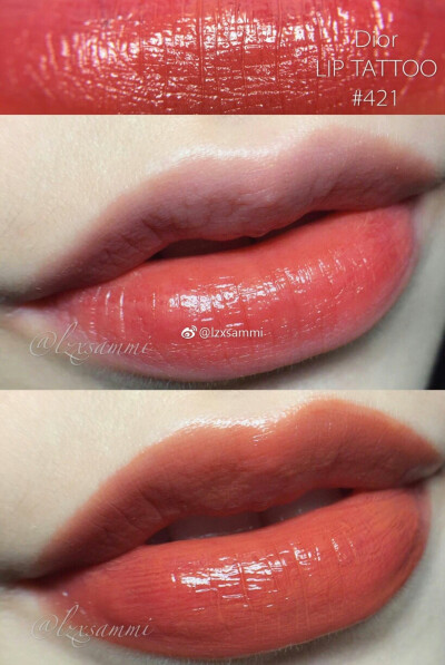 【Dior LIP TATTOO·421 Natural Beige】真真真好看！香味很像太妃糖，脏橘？砖红调的焦糖牛奶色！超特别！刚涂颜色比较浅，会慢慢变红，特别适合打底叠涂！染唇液质地很清爽，很持久有点难卸❣️
@lazsammi
