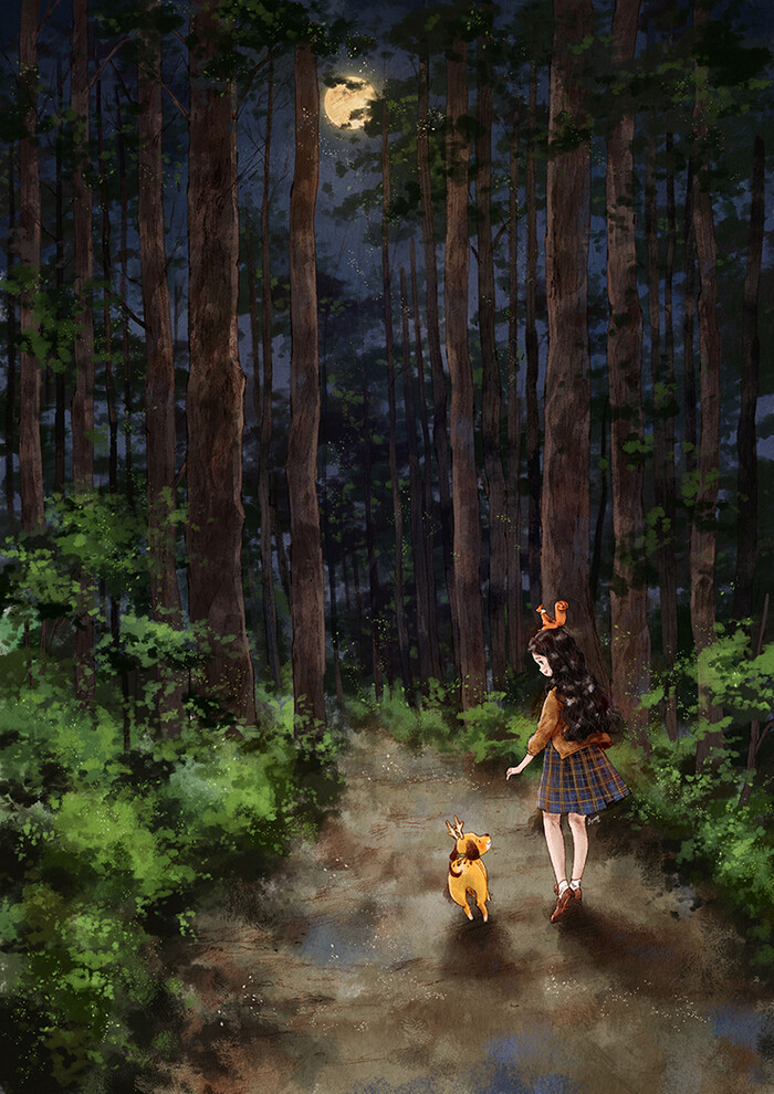 夏夜的林间 ~ 来自韩国插画家Aeppol 的「森林女孩日记-2017」系列插画。