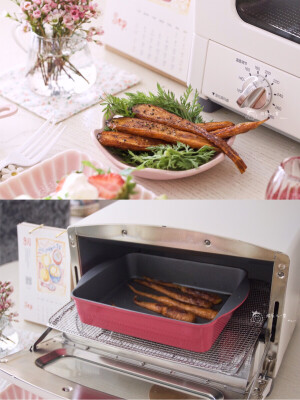 胡萝卜喜欢烤着吃，有种红薯的甘甜，做法很简单，胡萝卜洗净切半，抹一点橄榄油+盐，放入烤箱，200度10分钟左右就好。