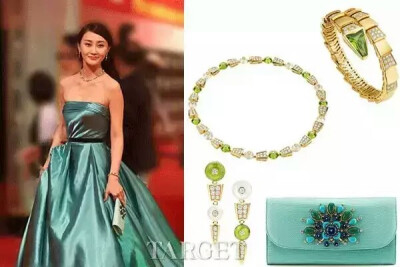 2014年上海国际电影节，被称为“龙女郎”的新生代演员林鹏与成龙大哥一起踏上红毯。她就是佩戴BVLGARI宝格丽Serpenti这个系列黄金项链、耳环和手镯，与绿色礼服交相呼应，清新高贵。