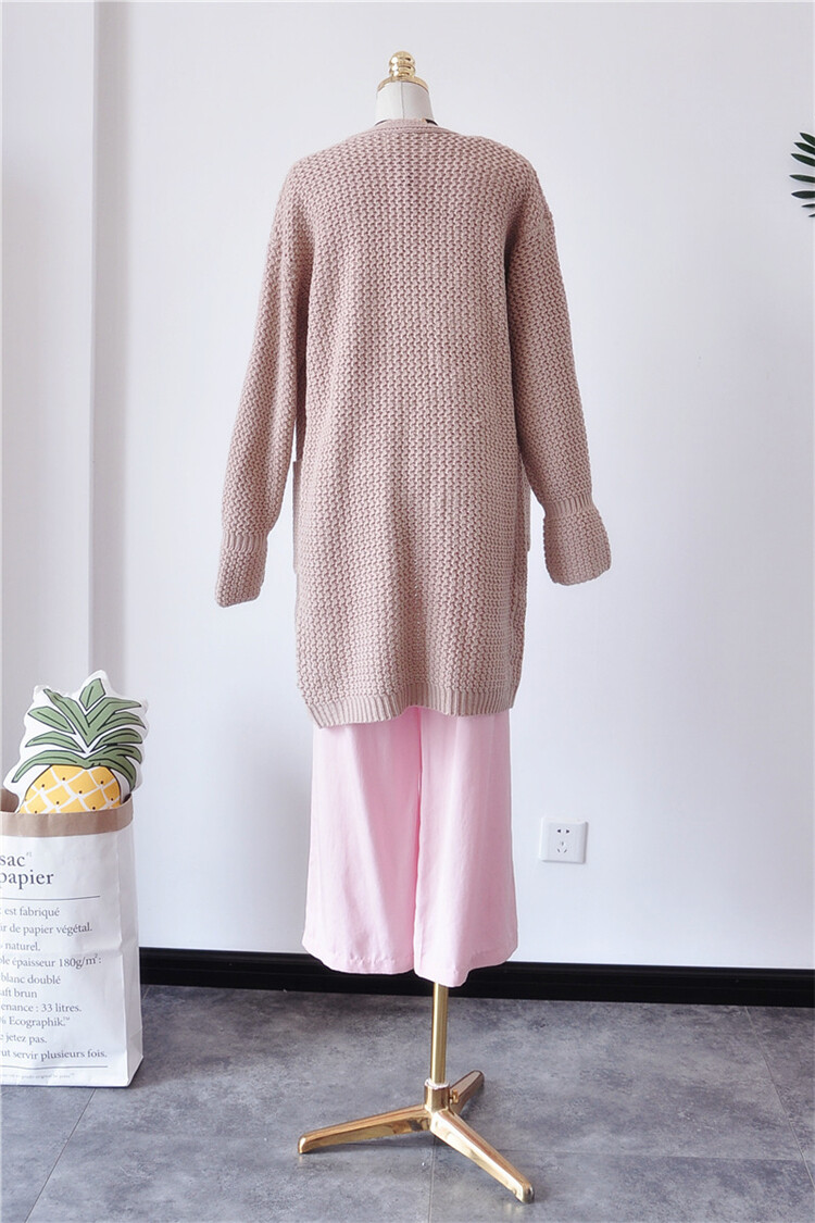 2017秋季新款简约纯色荷叶袖菠萝纹针织毛衣开衫长外套直筒显瘦女