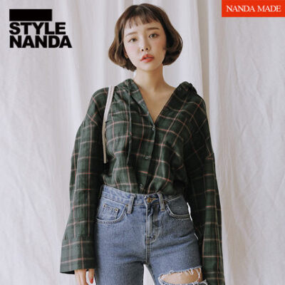 韩国stylenanda官方正品 抽绳连帽点缀格纹衬衫