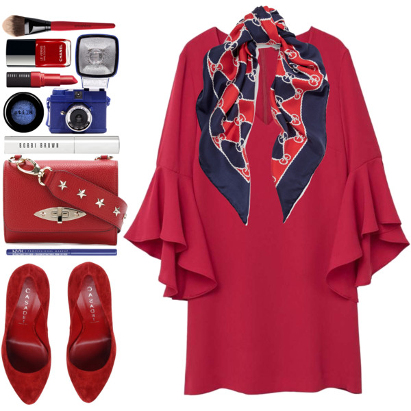 A fashion look from September 2017 featuring v-neck dresses, red pumps and purse backpack. Browse and shop related looks.