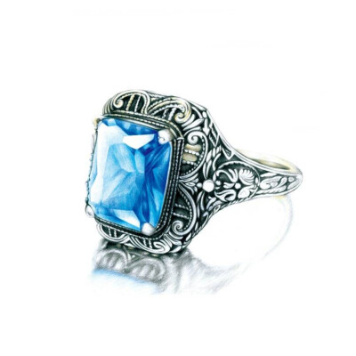 彩铅手绘-蓝宝石戒指
