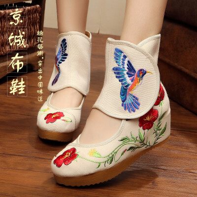 蜂鸟 中国风经典刺绣布鞋老北京女单鞋浅口短靴坡跟增高舞蹈鞋