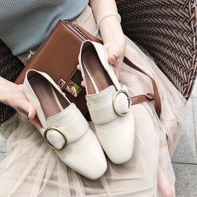 2017女士小白鞋一脚蹬方头平底单鞋圆扣休闲鞋女士乐福鞋懒人鞋女