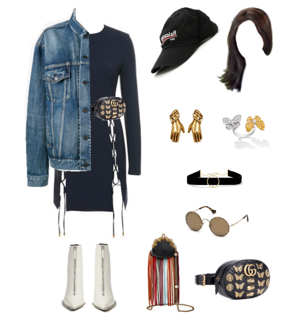 'Bellezza' dress，Balenciaga jacket、cap、sunglasses，Alexander Wang bootie，Gucci belt bag、mini bag，Anissa Kermiche 14k choker，Marc Jacobs earrings，Van Cleef&Arpels ring#878