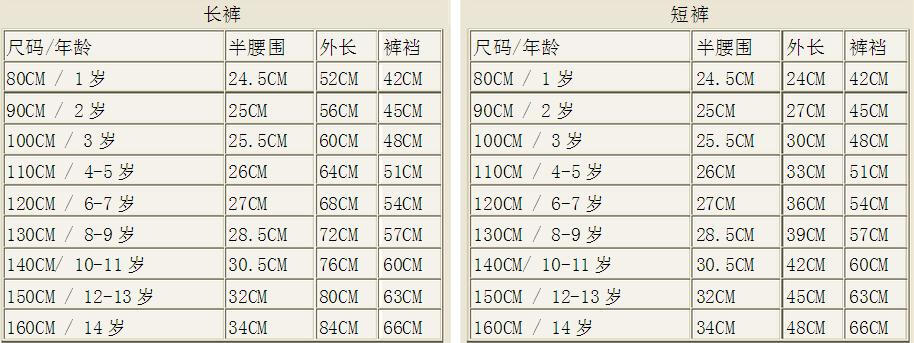 童装尺码表