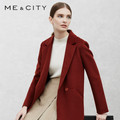 MECITY女装2017秋季新品纯色OL长款呢外套