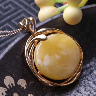 欧洲定制，925银镶嵌天然鸡油黄蜜蜡