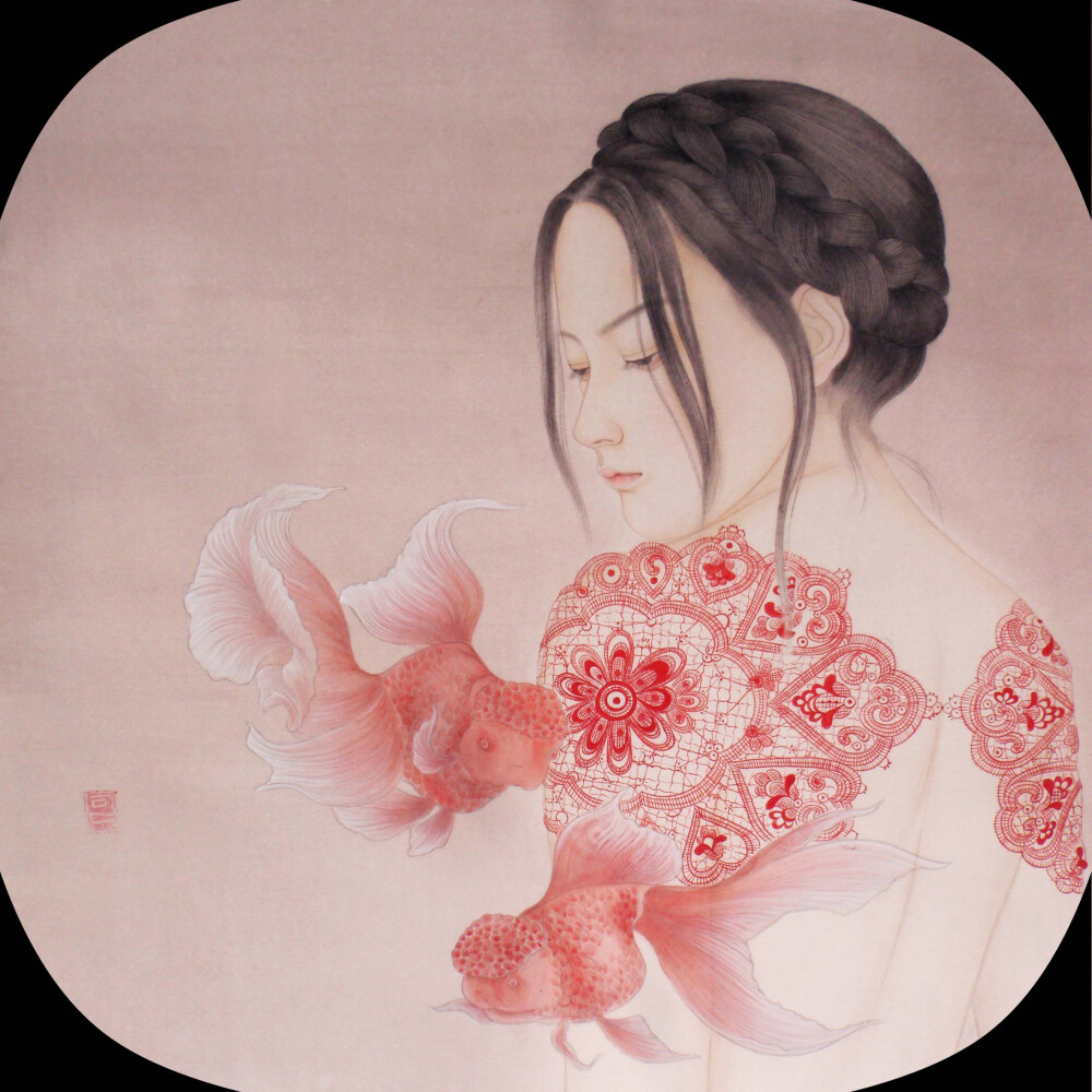 中国插画师ruby可可作品-红蕾丝-古风手绘