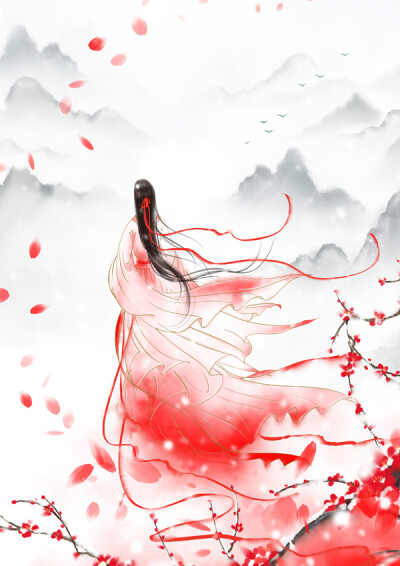 中国插画师龙轩静作品-红衣梅雪-古风手绘