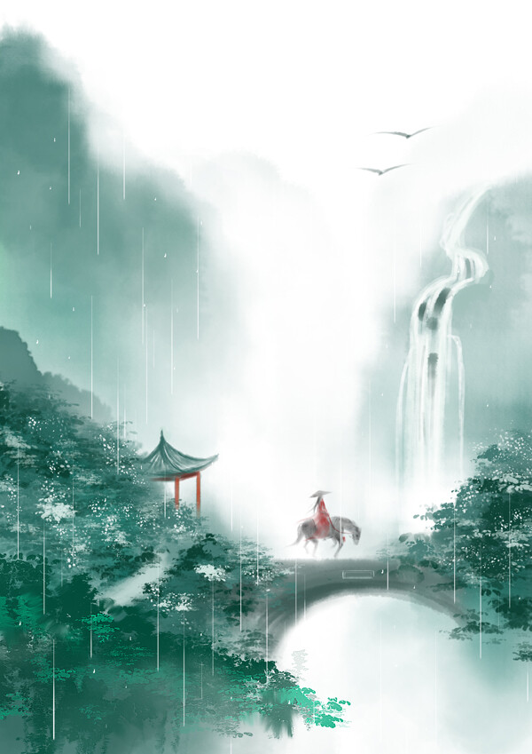 中国插画师龙轩静作品-雨墨山行-古风手绘