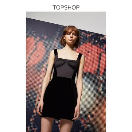 TOPSHOP LFW 黑色无袖宽肩带天鹅绒女士连衣裙|25U25NBLK