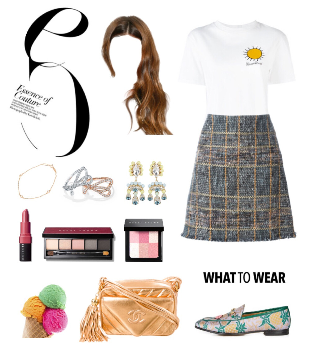 Christopher Kane t-shirt，Etro skirt，Gucci loafer，Chanel camera bag，Anton Heunis earrings，Tiffany bracelet、rings#845