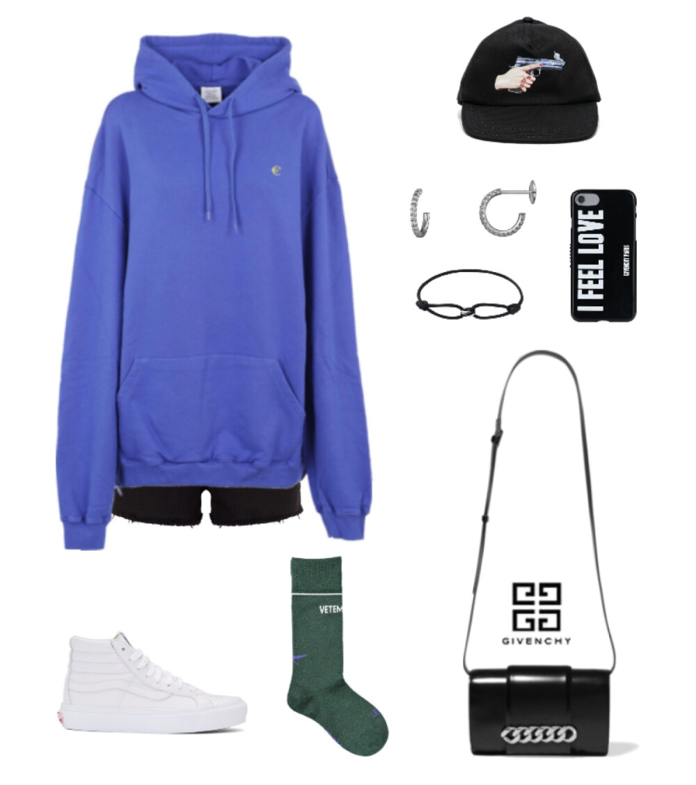 Vetements oversize hoodie、sock，Paige short，Vans sneaker，Givenchy bag、iphone case，Off-White cap，Cartier earrings、bracelet#889