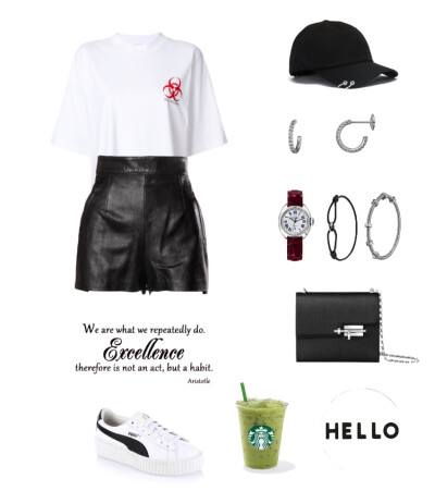 Vtements t-shirt，Moschino short，Puma sneaker，Hermes chaine clutch，Cartier watch、earrings、bracelets#889