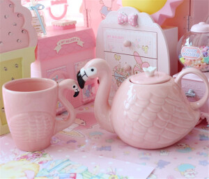 INS粉色立体火烈鸟 flamingo卡通可爱陶瓷水壶茶壶冷水壶马克杯子  by:aStarry