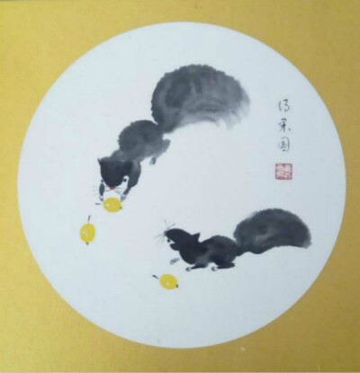 国画 纯手绘 鸟 松鼠 鱼 虾 孺子牛 圆形扇面画芯镜片卡纸