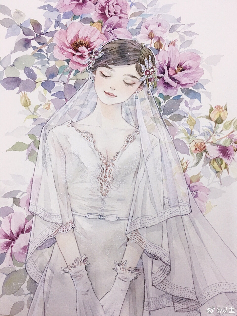 水彩 少女 婚纱 动漫 唯美 壁纸 头像 【微博:从圭】